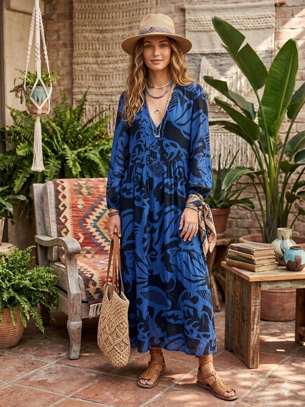 Zara Blue and Black Printed Maxi Dress
